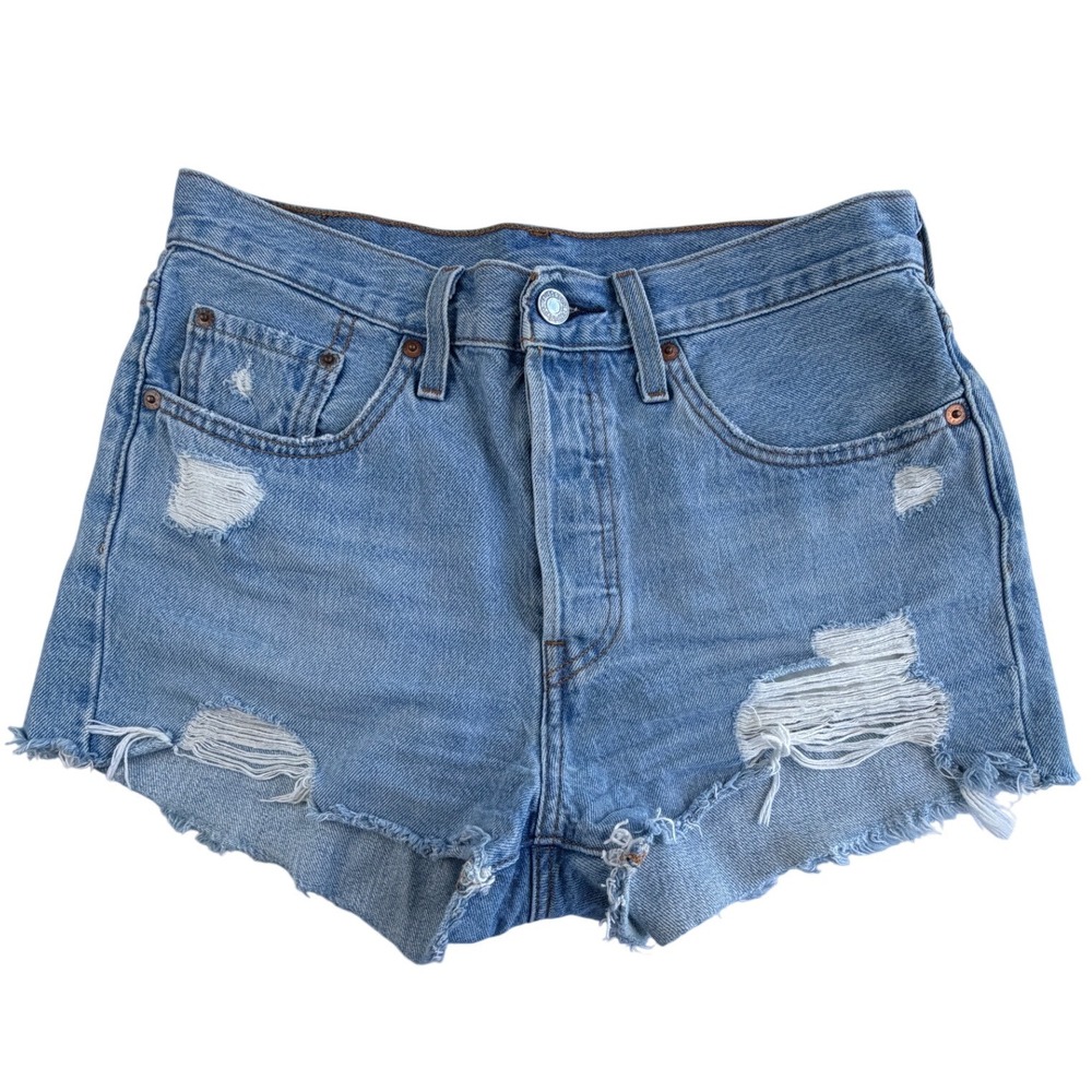 Levis 501 Original High Rise Butterfly Distressed Denim Shorts Light Wash Blue27